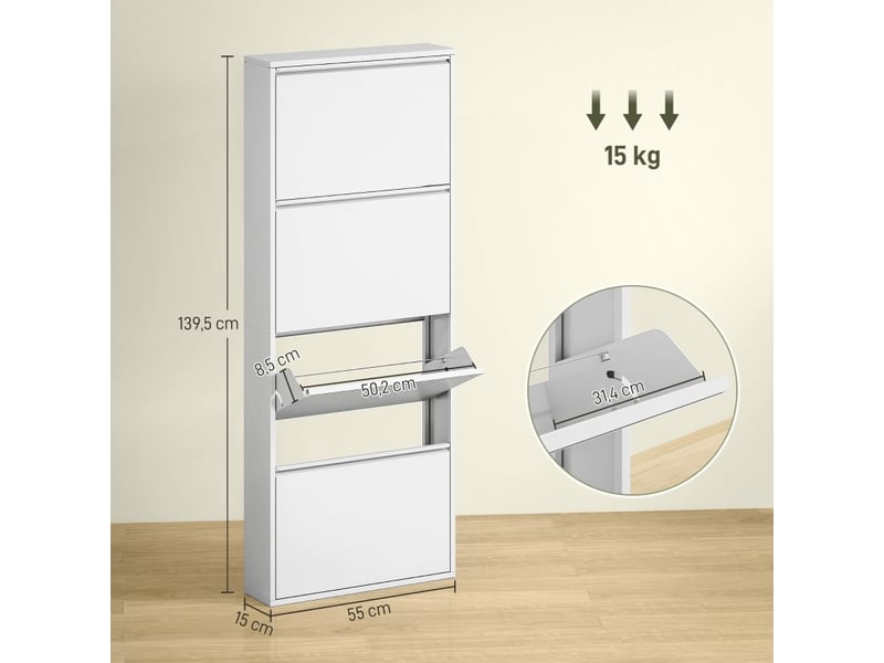  Meuble à chaussures 55x15x139,5 cm 4 abattants métal blanc  - Conforama E