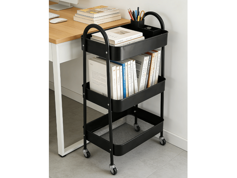  Desserte de rangement 3 niveaux 44,5 x 30,5 x 78,5 cm – noire – roulettes pivotantes à 360° et poignées  - Conforama E