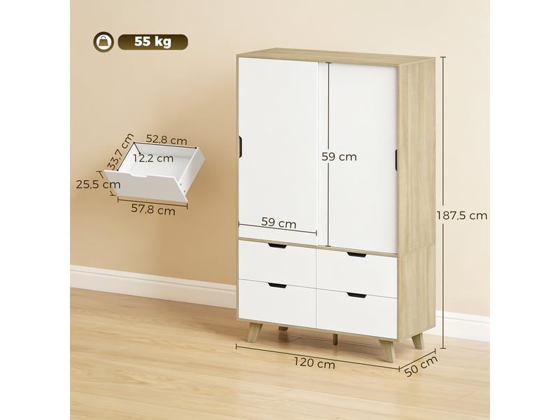  Armoire de chambre moderne avec portes coulissantes, penderie, étagères réglables et 4 tiroirs, chêne et blanc  - Conforama C