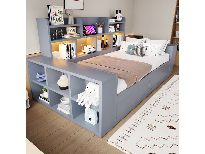 Lit banquette 90x200 cm avec led, prises et coffre de rangements, gris, sans matelas - Conforama W