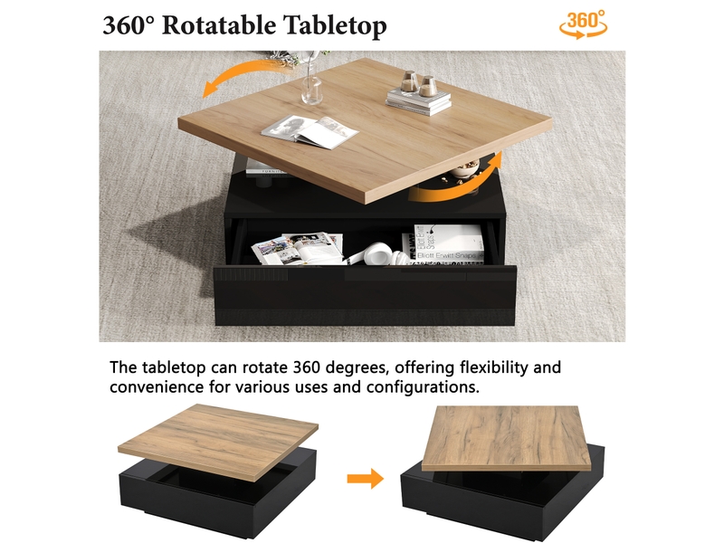  Table basse 70x70x36 cm pivotante à 360° avec tiroir dissimulé, panneau de particules, finition noyer et laqué noir  - Conforama E