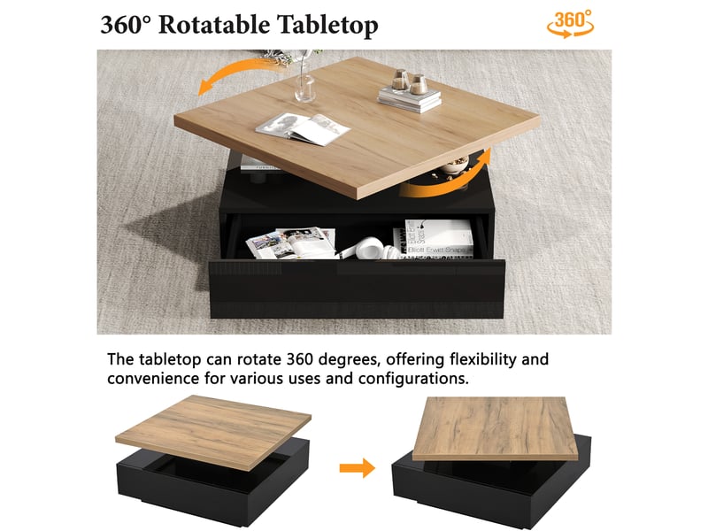  Table basse 70x70x36 cm pivotante à 360° avec tiroir dissimulé, panneau de particules, finition noyer et laqué noir  - Conforama E
