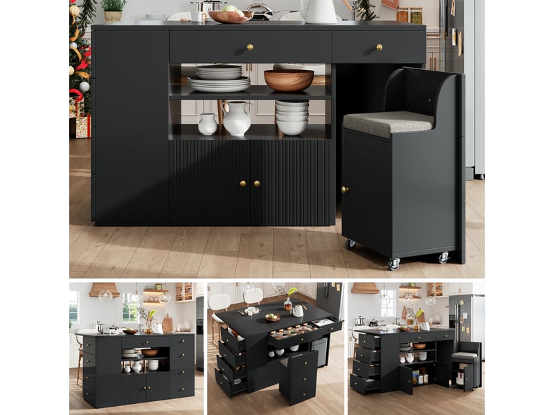  Îlot central avec tabouret et 6 tiroirs de rangement, îlot de cuisine noir en mdf et métal, dimensions 140x40x89 cm pour salle à manger  - Conforama B