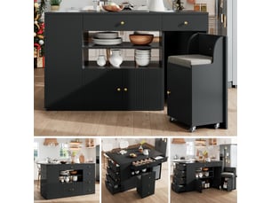 Îlot central avec tabouret et 6 tiroirs de rangement, îlot de cuisine noir en mdf et métal, dimensions 140x40x89 cm pour salle à manger