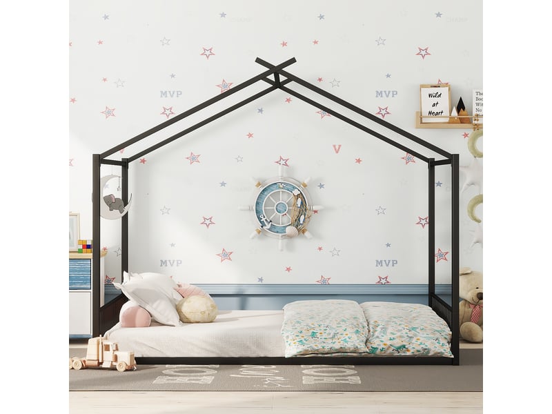 Lit cabane 140x200 cadre de lit en métal noir pour enfant, design maison avec sommier à lattes, robuste et moderne - Conforama E