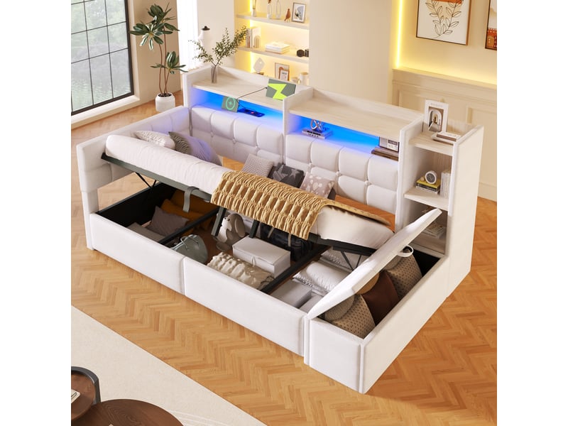  Canapé-lit 90x200 cm, lit enfant, couchage d'appoint, rangement hydraulique, led, usb et usb-c, velours blanc  - Conforama A