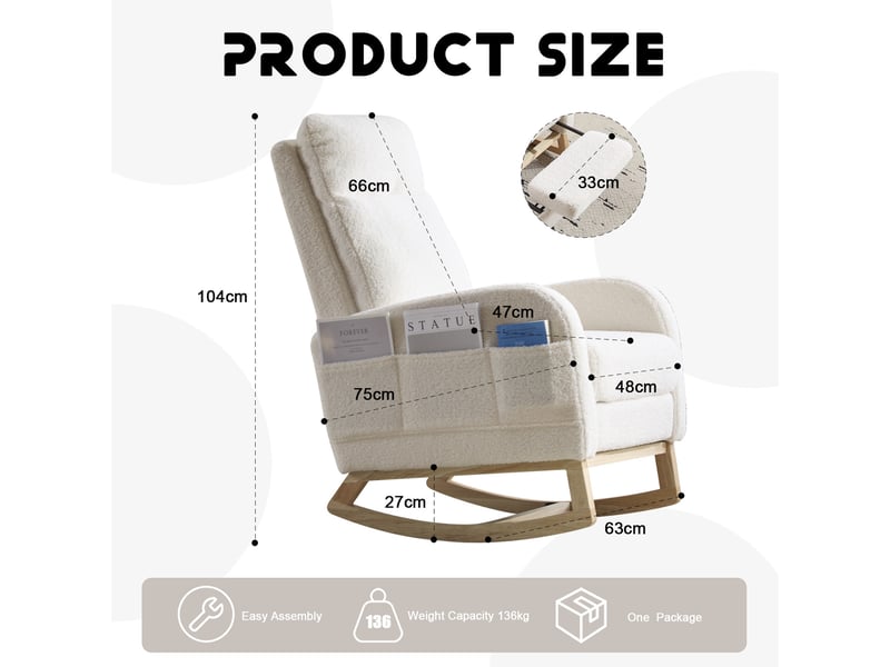 Fauteuil à bascule modenvie d'allaitement en tissu teddy blanc 75 x 63 x 104 cm avec repose-pieds - Conforama C