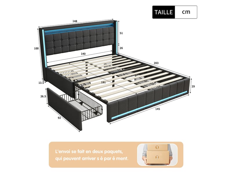  Lit 140 x 190 avec sommier,lit double 140 x 190, 4 tiroirs de rangement, bandeau led port usb, revêtement tissu lin, gris  - Conforama C