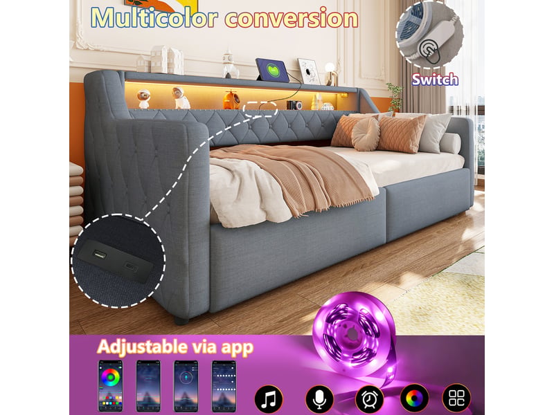 Lit banquette gris 90x200 cm avec led, coffre hydraulique, usbtype-c, lin - Conforama B