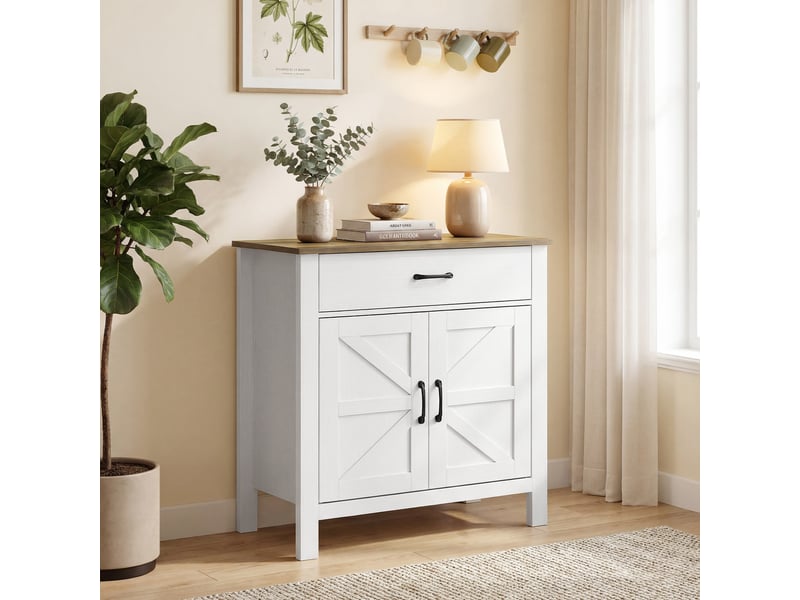  Buffet de salon, meuble de rangement avec 2 portes coulissantes de style grange, tiroir et étagère réglable, 77 x 39,3 x 81,5 cm, blanc et marron  - Conforama D