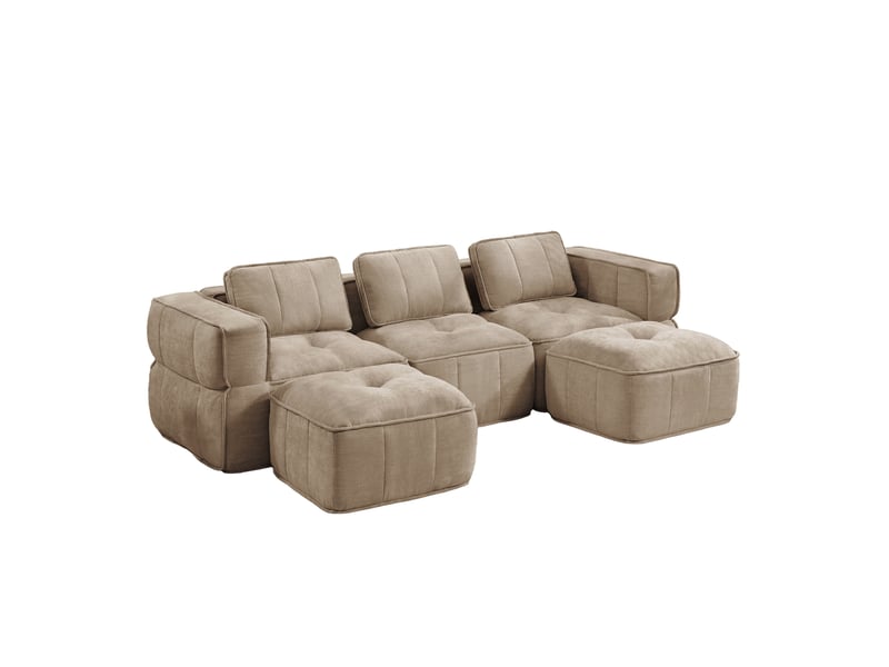  Canapé modulable en u 3 places avec 2 poufs, en polyester beige  - Conforama E