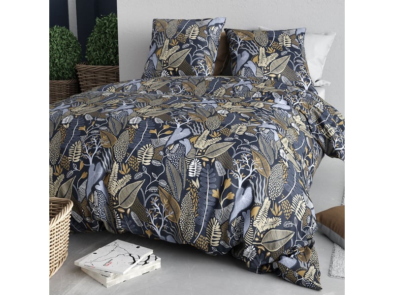  Parure housse de couette 260x240cm + 2 taies motif feuillage bleu et beige 100% coton - maelia MAELIA - Conforama B