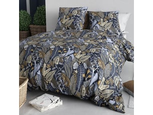 Parure housse de couette 260x240cm + 2 taies motif feuillage bleu et beige 100% coton - maelia