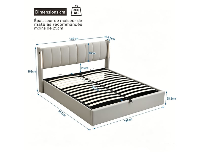  Lit rembourré 180x200 cm avec coffre hydraulique, éclairage led, usb et tête de lit réglable, pu gris  - Conforama C