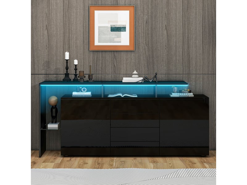 Buffet noir brillant 2 portes 4 tiroirs avec éclairage led 160 cm - Conforama E