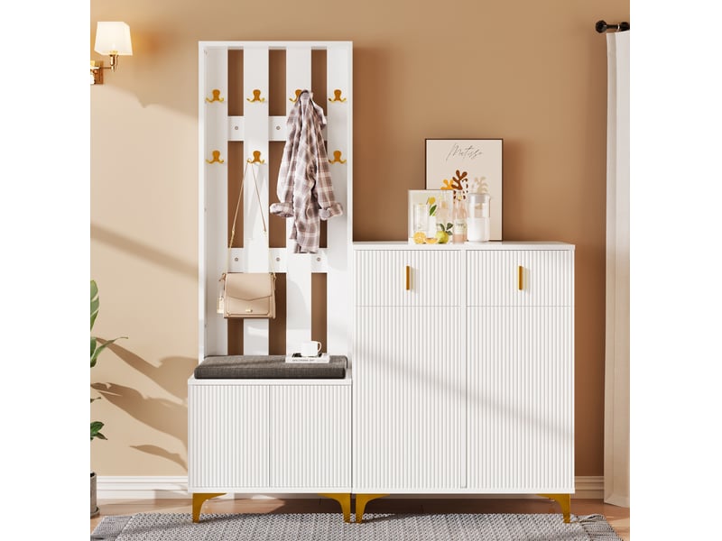  Ensemble vestiaire ulevr avec rangement, meuble à chaussures 2 tiroirs et 2 portes, patères dorées, panneau de particules blanc  - Conforama E