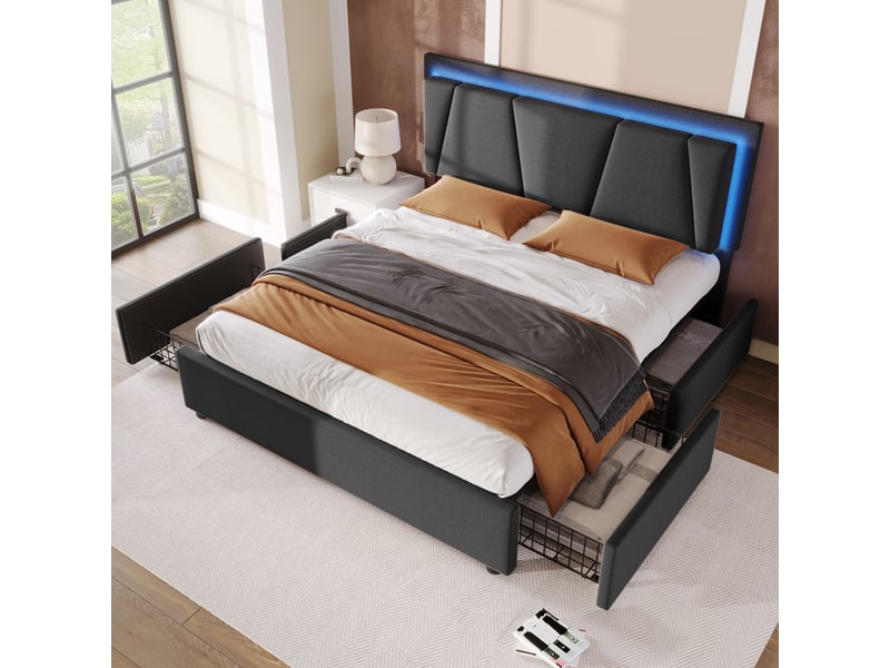Lit double 140x200 cm - lit double capitonné avec 4 tiroirs, tête de lit réglable et led, lin, bois et métal, gris, matelas inclus - Conforama D