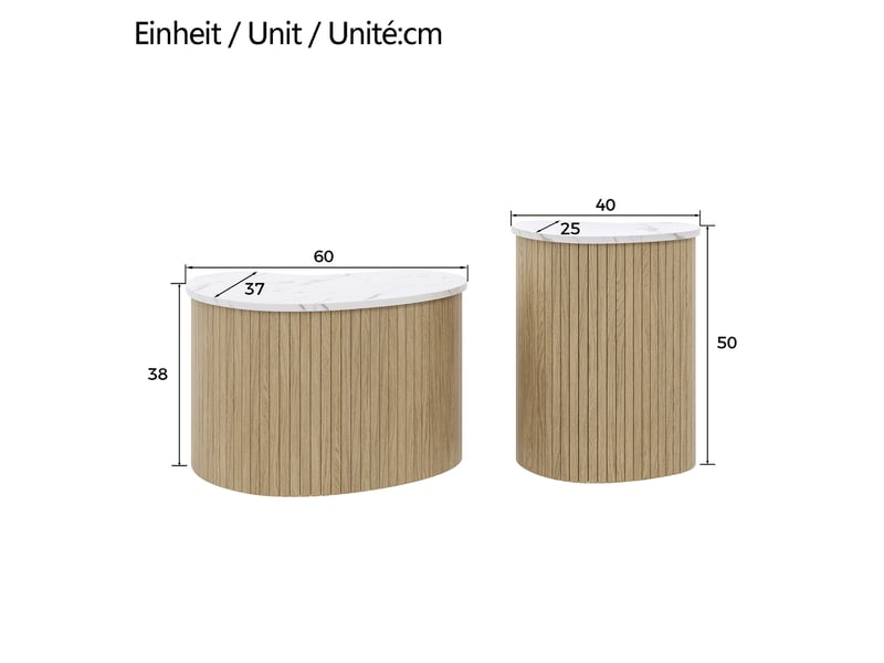  Ensemble de 2 tables basses courbes 60x37x38 et 40x25x50 cm, plateau effet marbre, pour salon, mdf, naturel et blanc  - Conforama C