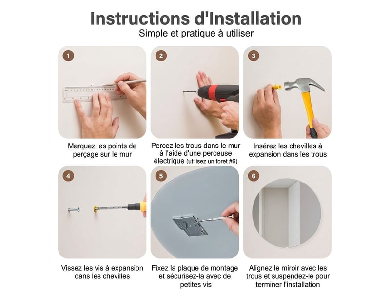  Miroir de salle de bain rond mural ø 70 cm en verre trempé hd sans cadre – miroir suspendu anti-buée, anti-corrosion et anti-explosion pour salle d'eau, chambre et entrée  - Conforama D