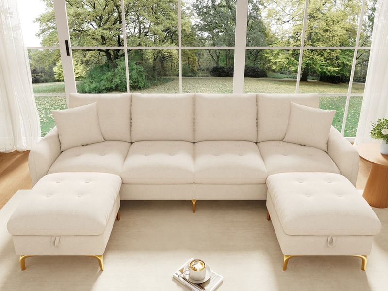 Canapé d'angle moderne ,4 places, avec 2 tabourets de rangement et 2 coussins décoratifs ,263×137×85 cm,beige - Conforama B