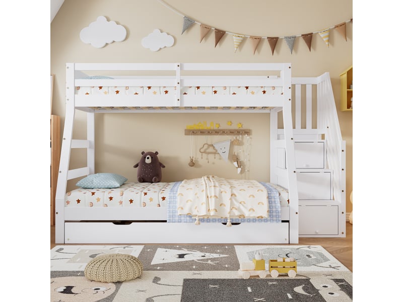Lits superposés 90x200cm lit gigogne avec escalier et compartiment et barrières - lit en bois - blanc (sans matelas)  - Conforama W