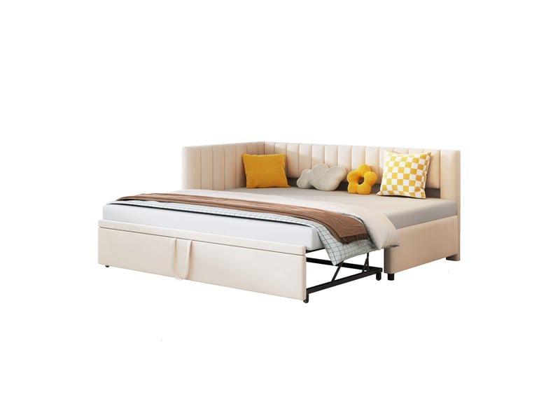  Canapé convertible en l 90180*200cm beige, tiroir-lit escamotable, velours doux pour petit espace  - Conforama A