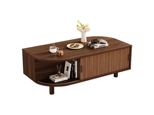 Table basse 100x50x35 cm avec 2 portes à rideau et rangements, table de salon aux angles arrondis avec pieds en bois, mdf, charge 30 kg, noyer