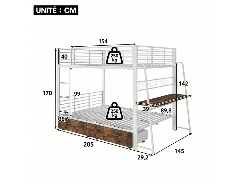  Lit superposé avec bureau 140 x 200 cm - métal blanc, 2 tiroirs, led rgb et prises usbtype-c  - Conforama C