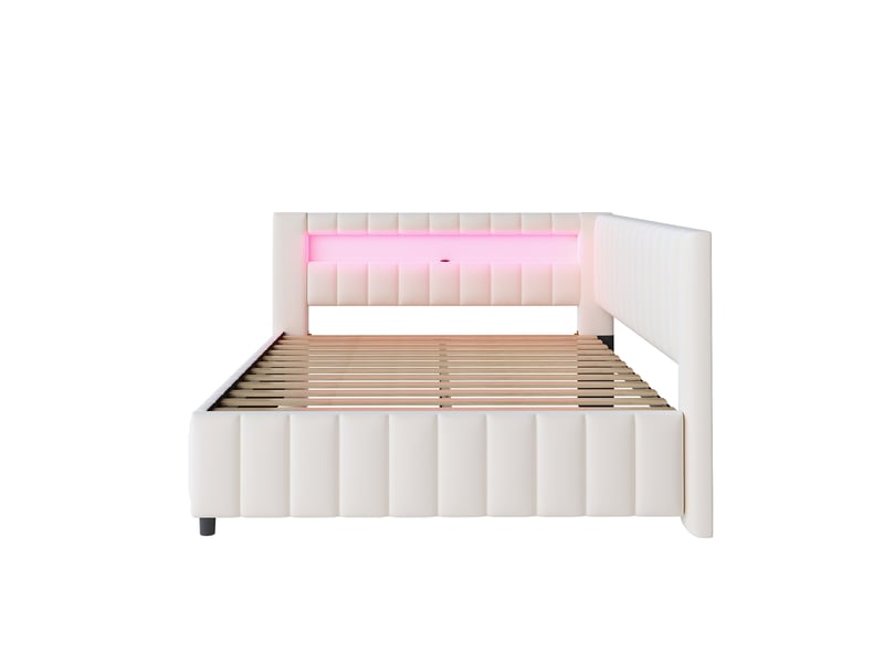  Lit d'appoint 140 x 200 cm beige en velours, forme en l avec éclairage led, port usb et sommier à lattes  - Conforama B