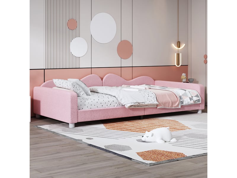  Lit enfant rose 90x200 capitonné tissu bouclette - canapé lit multifonctionnel avec dossier  - Conforama W