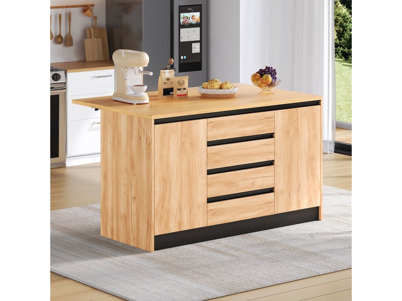 Îlot de cuisine 140x80x90 cm - extensible - grand rangement - rabattable - 4 tiroirs - mdf - gain de place - meuble de rangement - blanc CozyNest - Conforama B