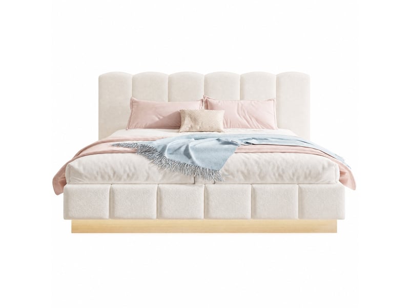  Lit coffre modenvie 180 x 200 cm avec led, sommier à lattes, tête de lit, tissu bouclé blanc  - Conforama A