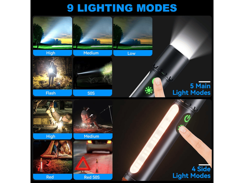 Magnetic rechargeable flashlights,2000lm 5000mah high lumens flashlight with 9 modes,waterproof, adjustable,powerful  - Conforama C