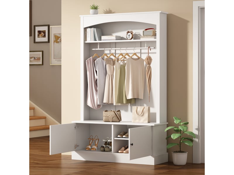  Vestiaire d'entrée avec banc à chaussures, meuble de rangement pour couloir et penderie multifonction 5 en 1, 120x40x190 cm, blanc  - Conforama C