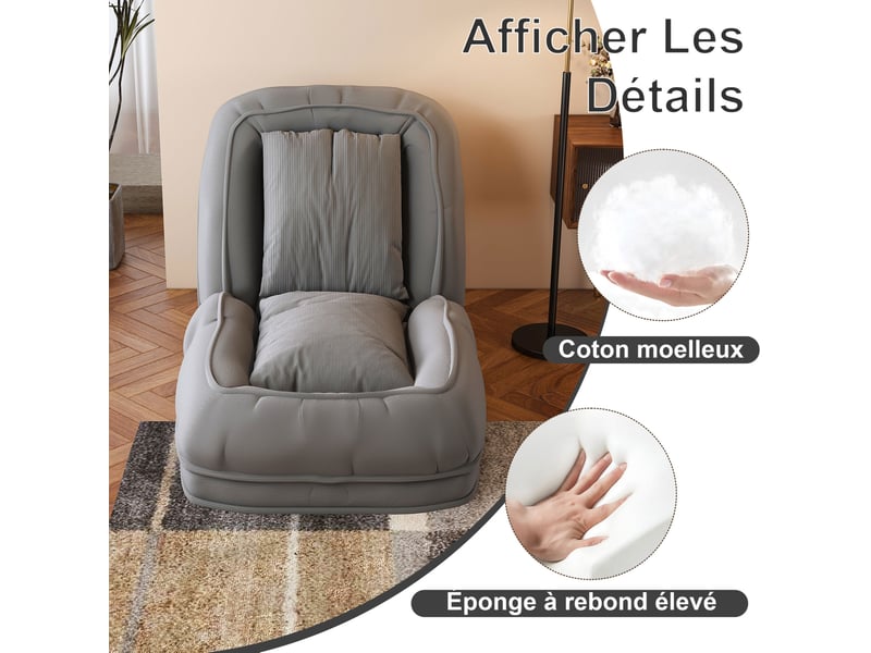  Canapé convertible pliable modenvie réglable 5 positions gris en velours côtelé 180 x 90 x 26 cm  - Conforama E
