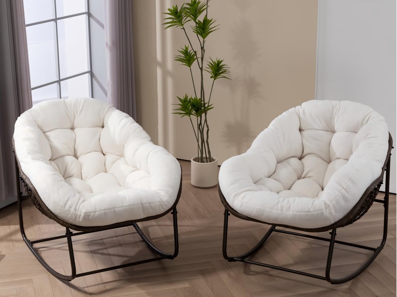 Cocon - lot de 2 fauteuils à bascule en rotin naturel – forme œuf et coussins blanc – confortable pour salon, véranda ou chambre - Conforama B