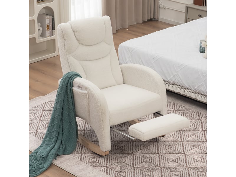  Fauteuil à bascule chaise paresseuse, revêtement en peluche, blanc, structure en bois, confortable, avec repose-pieds  - Conforama B