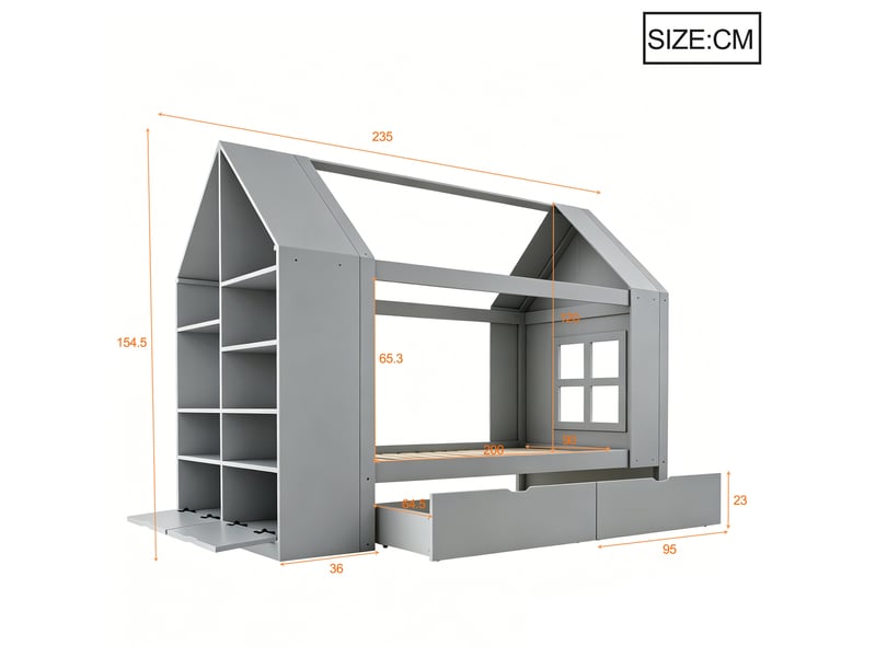  Lit enfant 90x200 cm avec rangements et led en bois et mdf gris  - Conforama E