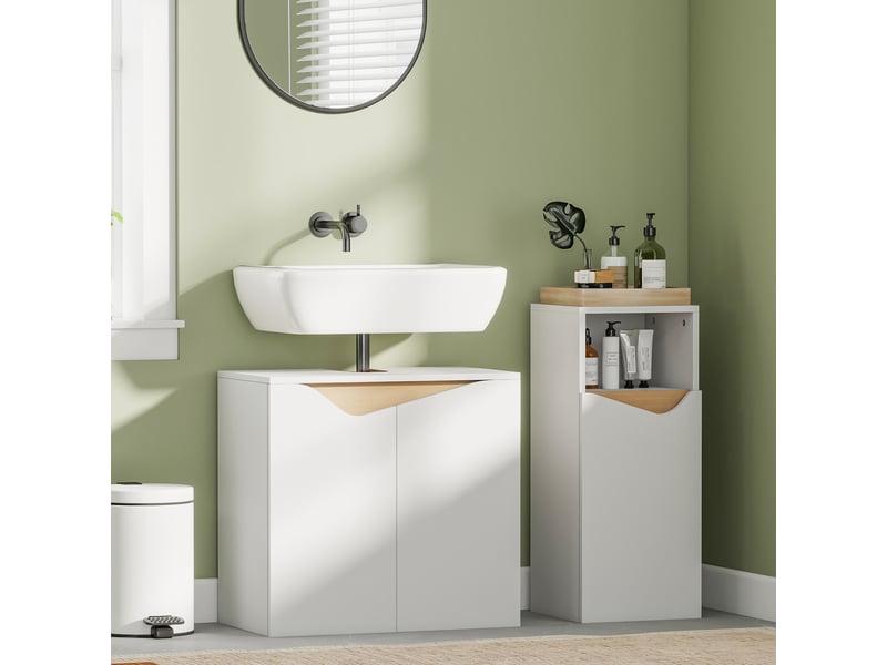  Meuble sous lavabo 60 x 35 x 57,9 cm, 2 portes à fermeture douce, blanc et bois naturel  - Conforama D