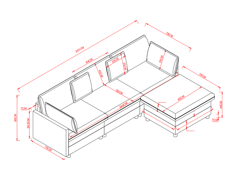  Canapé d’angle 3 places, canapé modulable avec pouf en chenille gris, 267x154x85 cm  - Conforama C