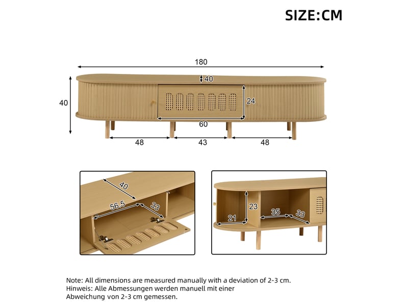  Meuble tv avec porte abattante et 2 portes coulissantes, 5 espaces fermés en mdf naturel pour salon 180 × 40 × 40 cm  - Conforama C