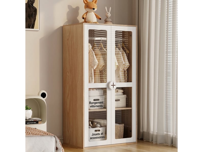  Armoire de chambre avec commode blanche et bois, meuble de rangement 160x50x150 cm  - Conforama E