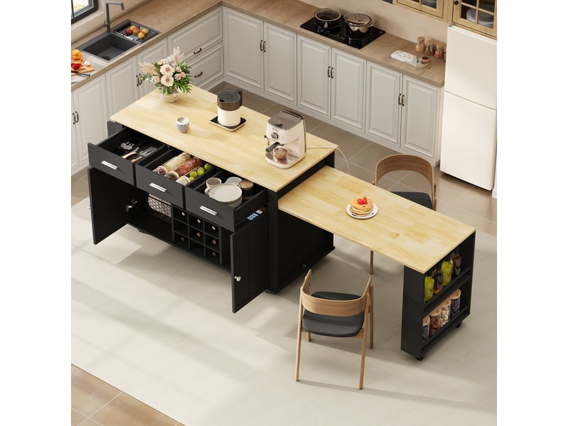 Îlot de cuisine avec plan de travail extensible, desserte de cuisine à roulettes avec 3 tiroirs, casier à vin et prises usb, noirchêne - Conforama D