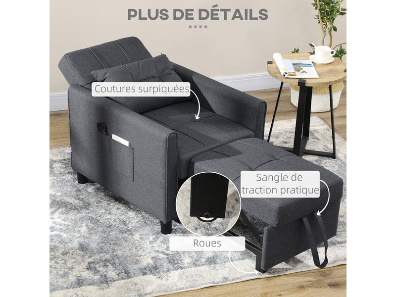 Fauteuil convertible 1 place 3 en 1 dossier réglable en 3 positions oreiller inclus 2 poches latérales gris 69x82x85cm - Conforama W