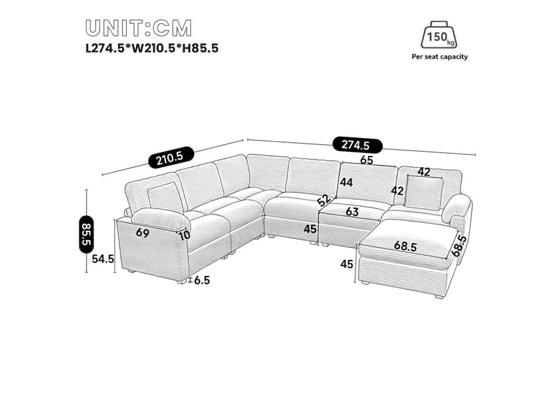 Canapé d'angle modulable xxl en velours beige 7 places avec coussins et pouf séparé pour salon ou chambre - Conforama C
