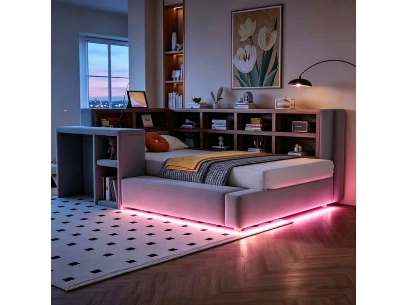 Lit enfant multifonctionnel 90x200 cm - lit simple avec rangement, étagères, led, prises et table d'appoint - gris - Conforama W