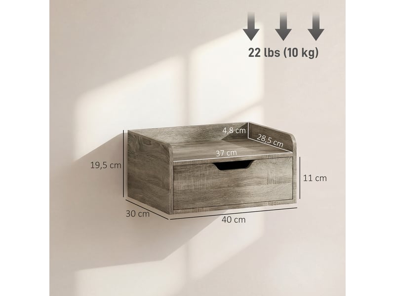  Lot de 2 tables de chevet murales, tables de nuit avec tiroir et plateau à rebords surélevés, 40x30x19,5cm, gris  - Conforama E