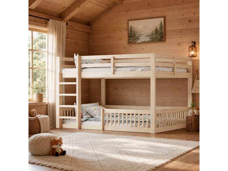 Lit superposé 4 places 160×200 cm avec barrières hautes - okmyhome- en pin et mdf naturel, sans matelas - Conforama C