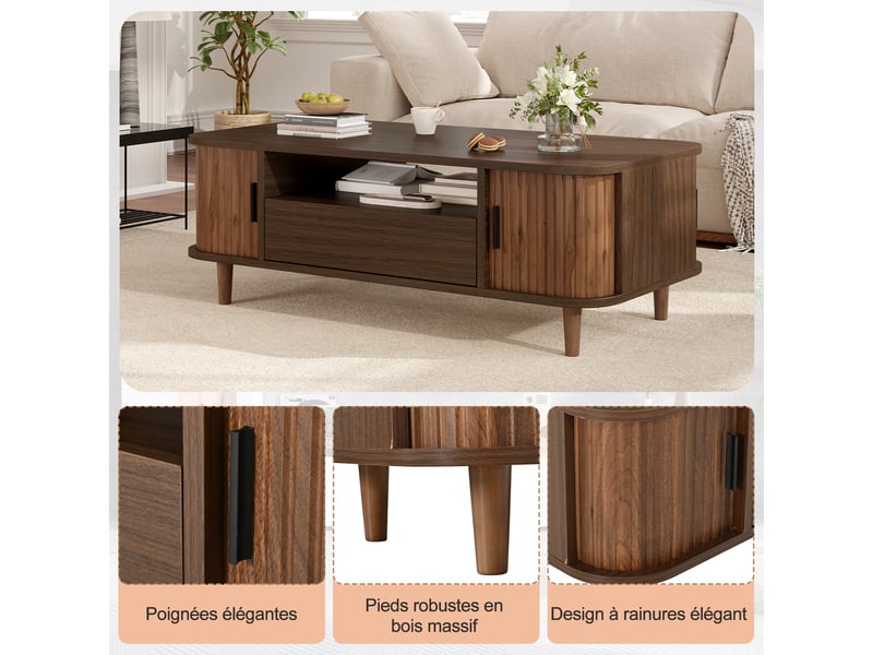Table basse rectangulaire 100 x 50 x 35 cm avec rangements, 1 tiroir, 2 portes à rideau, niche centrale, mdf et pieds en bois massif, décor noyer Luxe haut de gamme - Conforama R