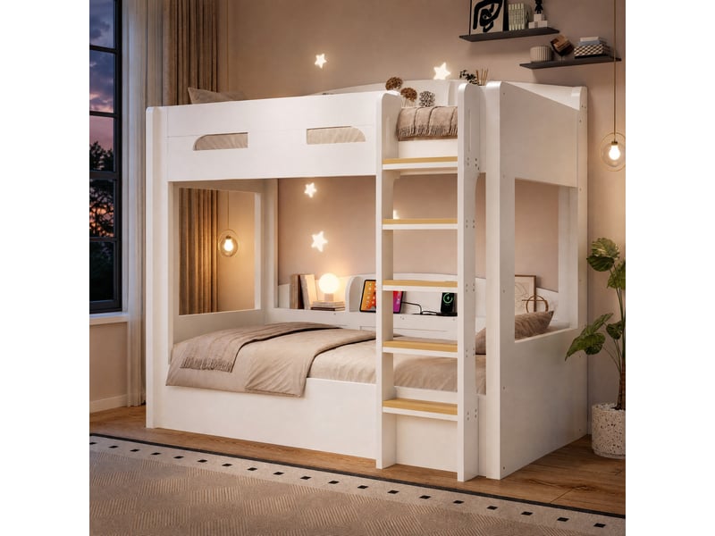  Lit superposé modenvie 90 x 200 cm avec prise usb et rangements latéraux en haut et en bas mdf et pin blanc  - Conforama E